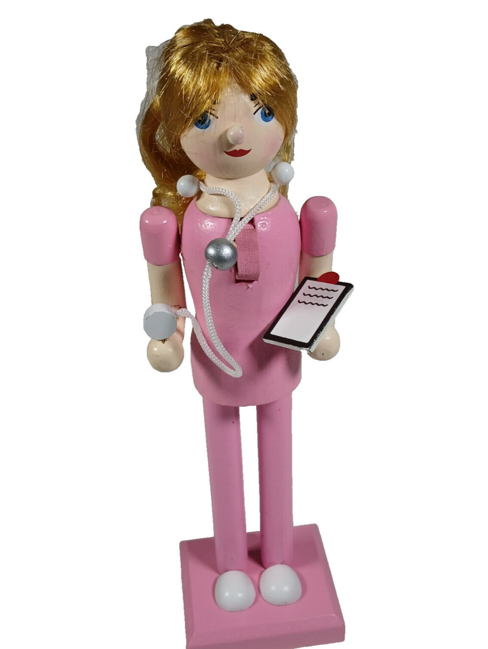 Wooden Christmas Nutcracker 10" WHITE FEMALE NURSE IN PINK UNIFORM Gift from HL